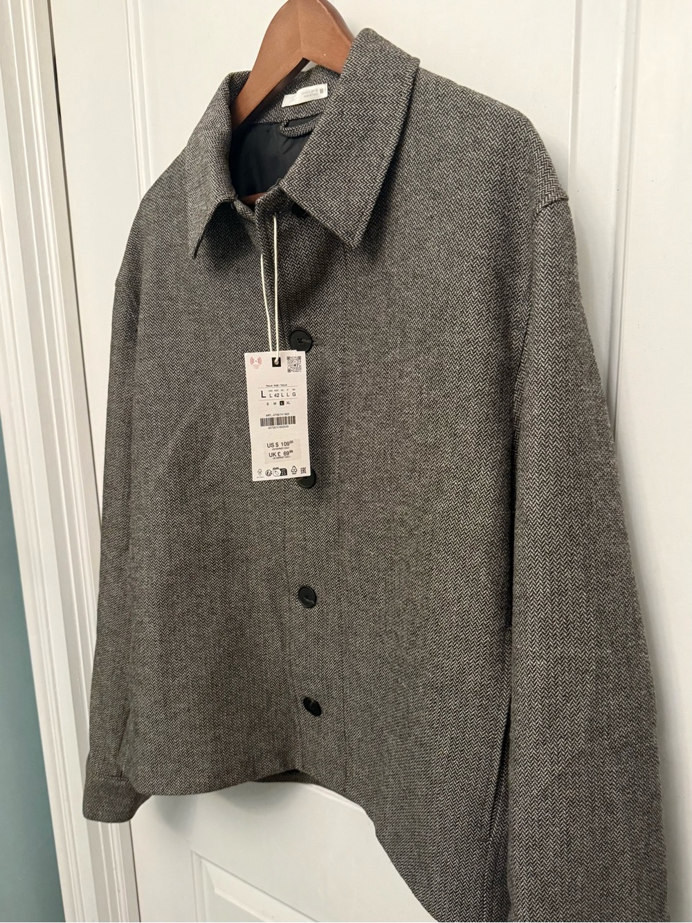Zara NWT Wool Blend Tweed Shirt Jacket in Grey/Black Herringbone - Picture 4 of 6